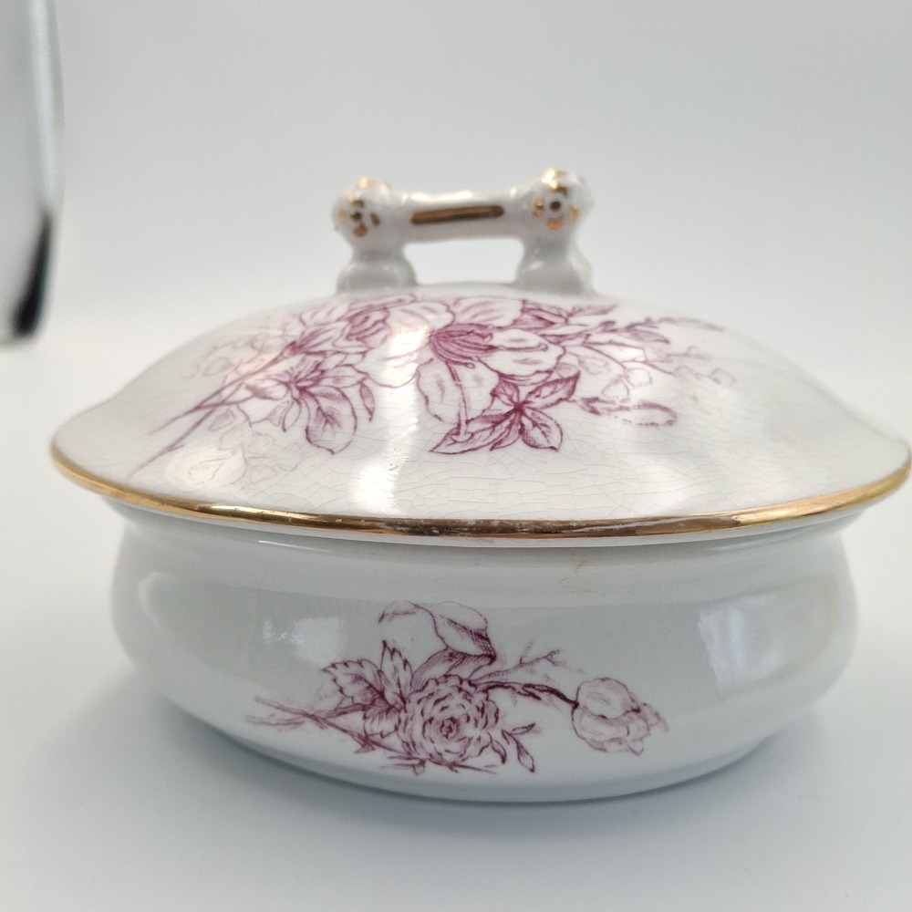 Antique J & E Mayer Stone China Mulberry Transferware Lidded Soap Dish / Vanity